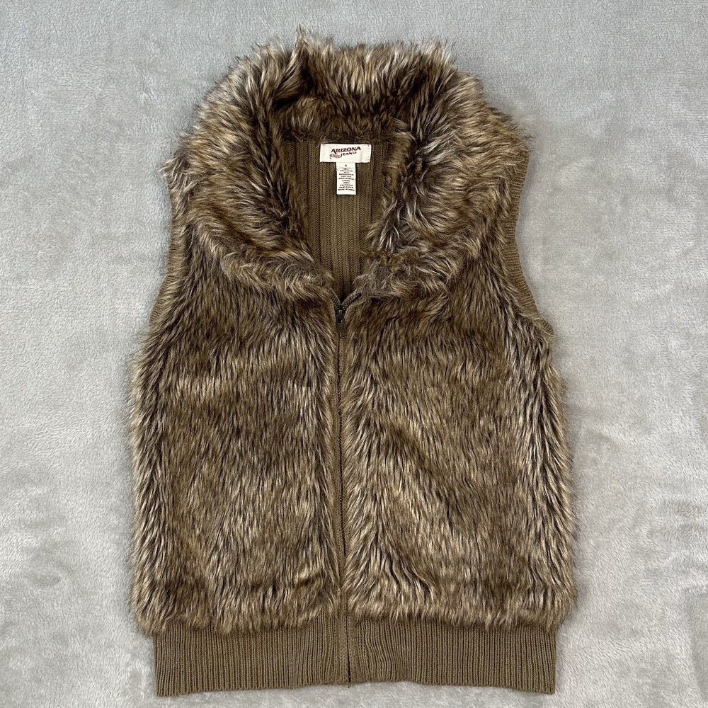 Arizona Jeans Co faux fur sweater vest Y2K‎ brown zip up McBling Boho Indie